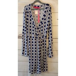 Macbeth Collection Navy White Geometric Print V Neck Long Sleeve Dress